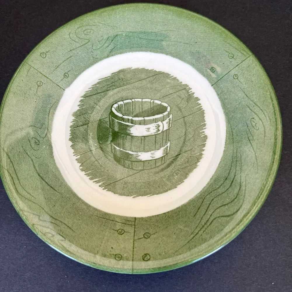 Vintage Green Transferware Wooden Bucket Bread Plates Set of 4 Farmhouse 6.25